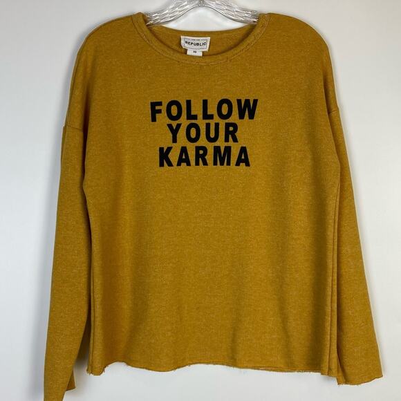 FOR THE REPUBLIC FOLLOW YOUR KARMA RAW EDGE SWEATER SIZE XS - Picture 3 of 10